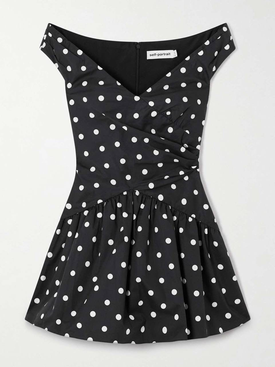 SP Black Polka Dot V-Neck Off Shoulder Cotton-Blend Mini Dress