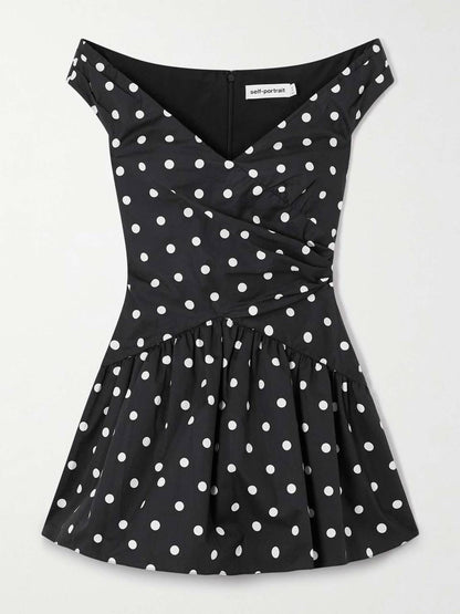 SP Black Polka Dot V-Neck Off Shoulder Cotton-Blend Mini Dress