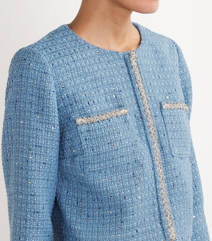 MJ Vilya Blue Cropped Embellished Tweed Jacket Blazer
