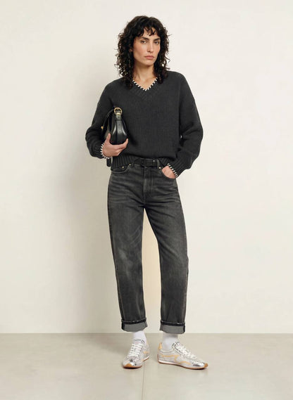 Grey Braided V-Neck Wool-blend Jumper Sweater