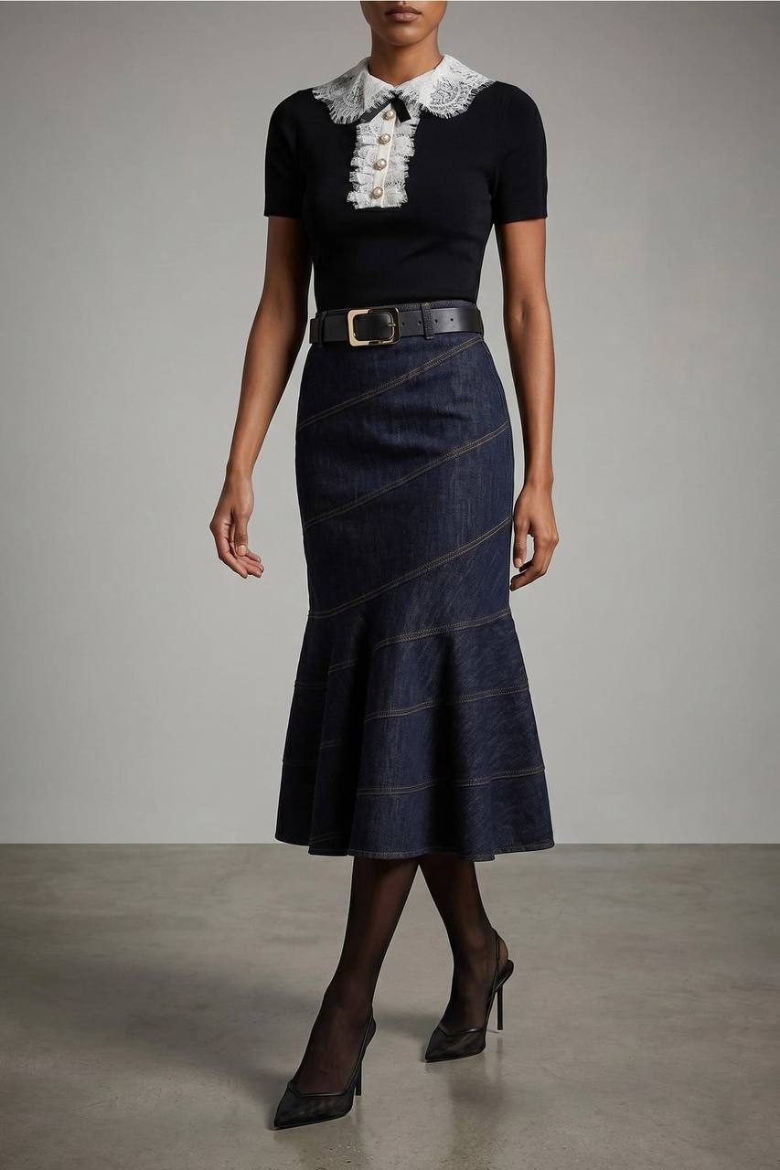 SP Indigo Denim Belted Midi Skirt
