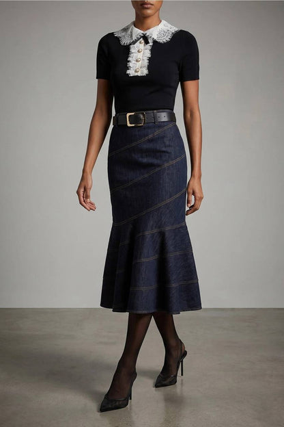 SP Indigo Denim Belted Midi Skirt