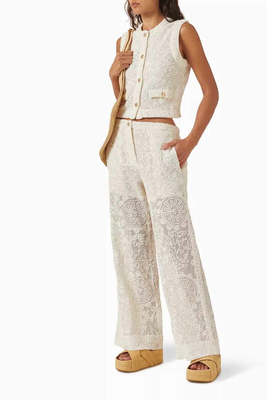 MJ Laros Guipure Lace Sleeveless Jacket Vest Top | Paros Trousers Pant | Cotton Set