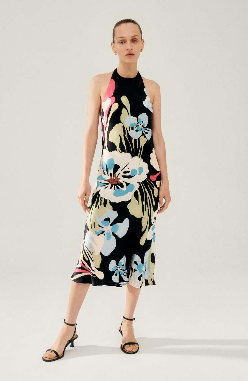 SL Halter Backless Silk Midi Dress
