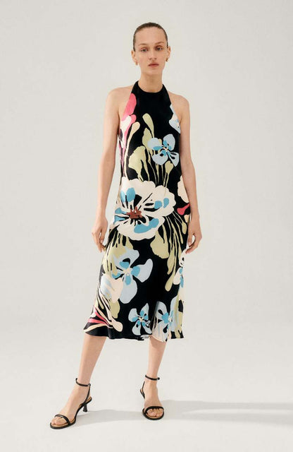 SL Halter Backless Silk Midi Dress