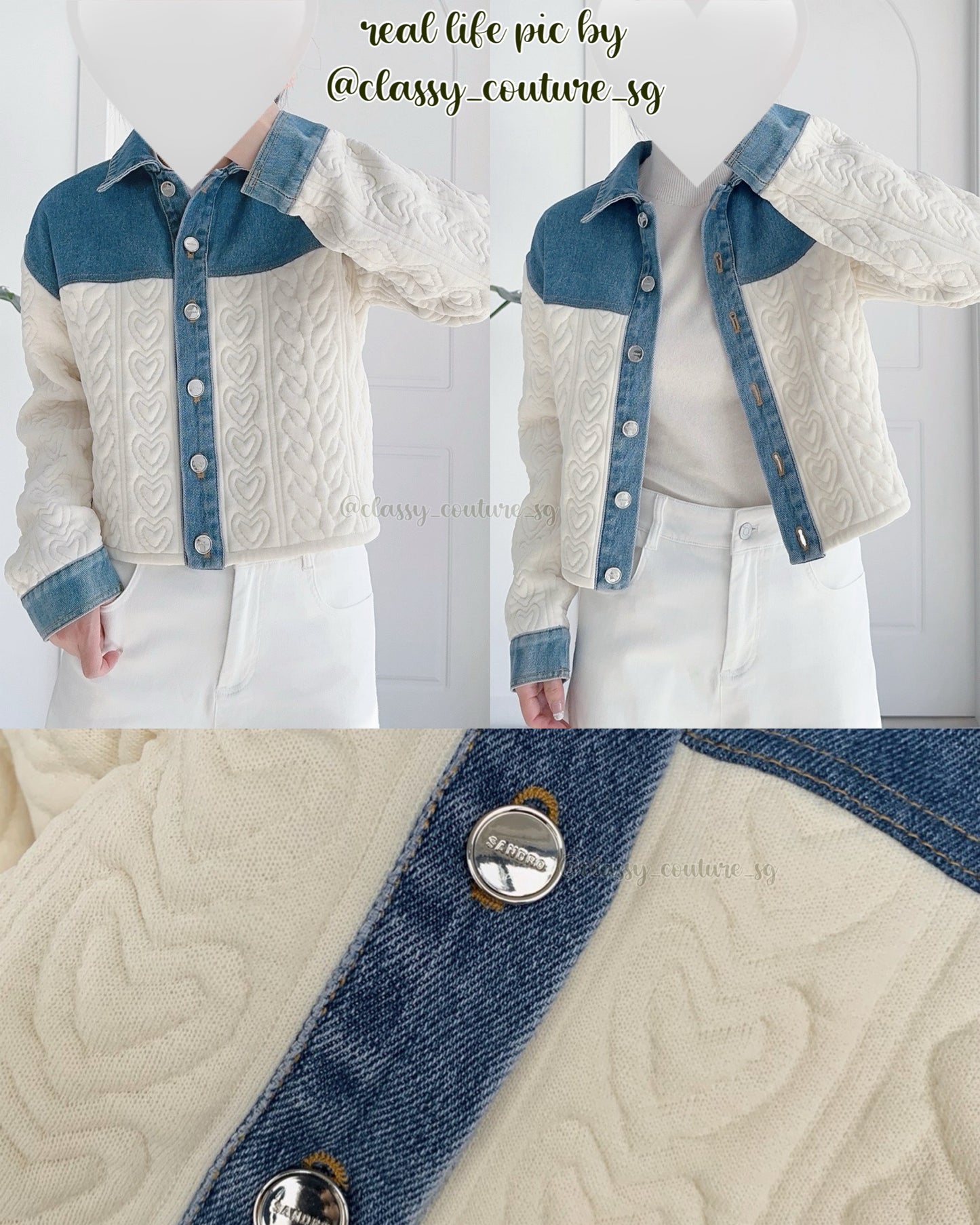 SD Dual-Material Coatigan Denim Jacket with Heart Motifs