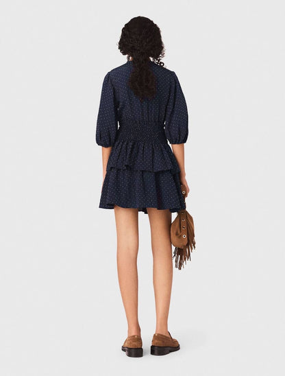 MJ Ruffle And Rhinestone Mini Dress in Navy Blue