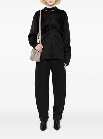 TOT Slouch Zip-Front Drape Satin Blouse Top