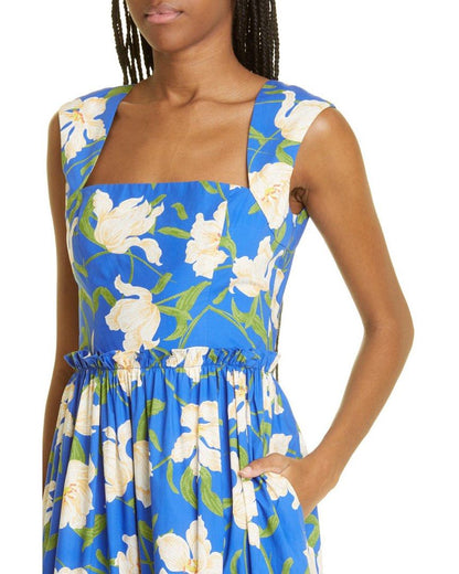 CC Claire Blue Floral Cotton Poplin Midi Dress