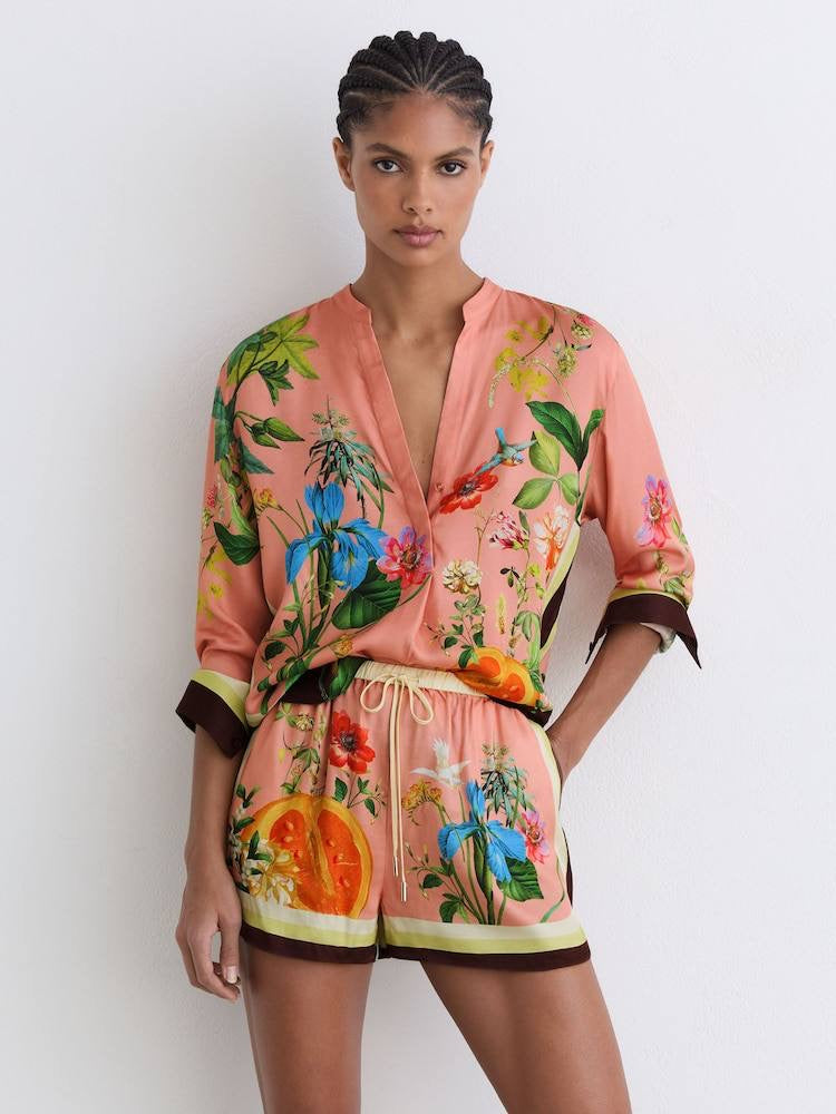 PETITE/REGULAR! RS Pink Milos Tropical Scarf-Print Half-button Shirt | Wide-leg Trousers | Drawstring Shorts | Viscose Set