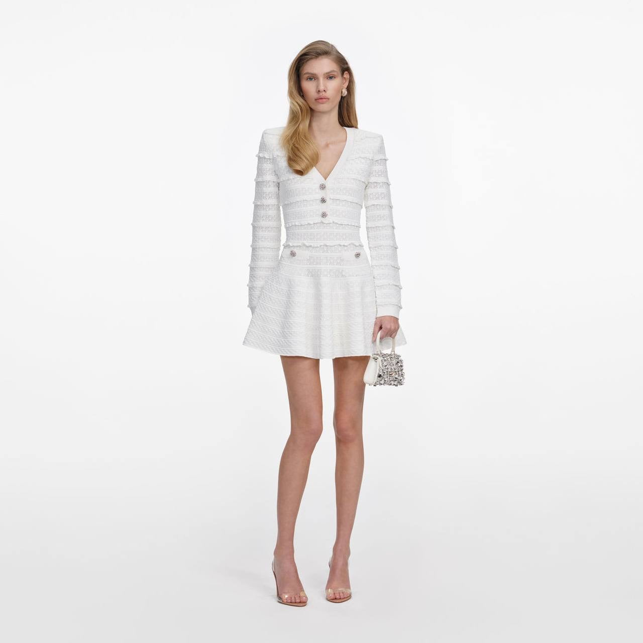 SP White Pointelle Knit Diamanté Mini Dress