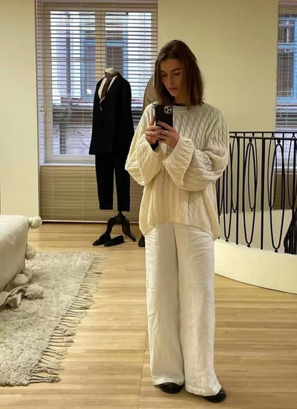 TOT Cashmere Cable-Knit Oversized Sweater in Cream & Charcoal Grey