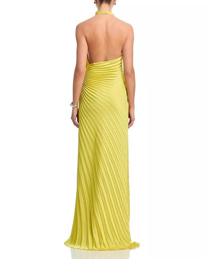 ALC Romy Halter Pleated Satin Gown Maxi Dress