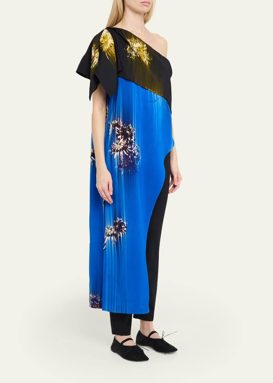 PS Haya Printed Asymmetric Draped Off Shoulder Viscose Cady Long Top