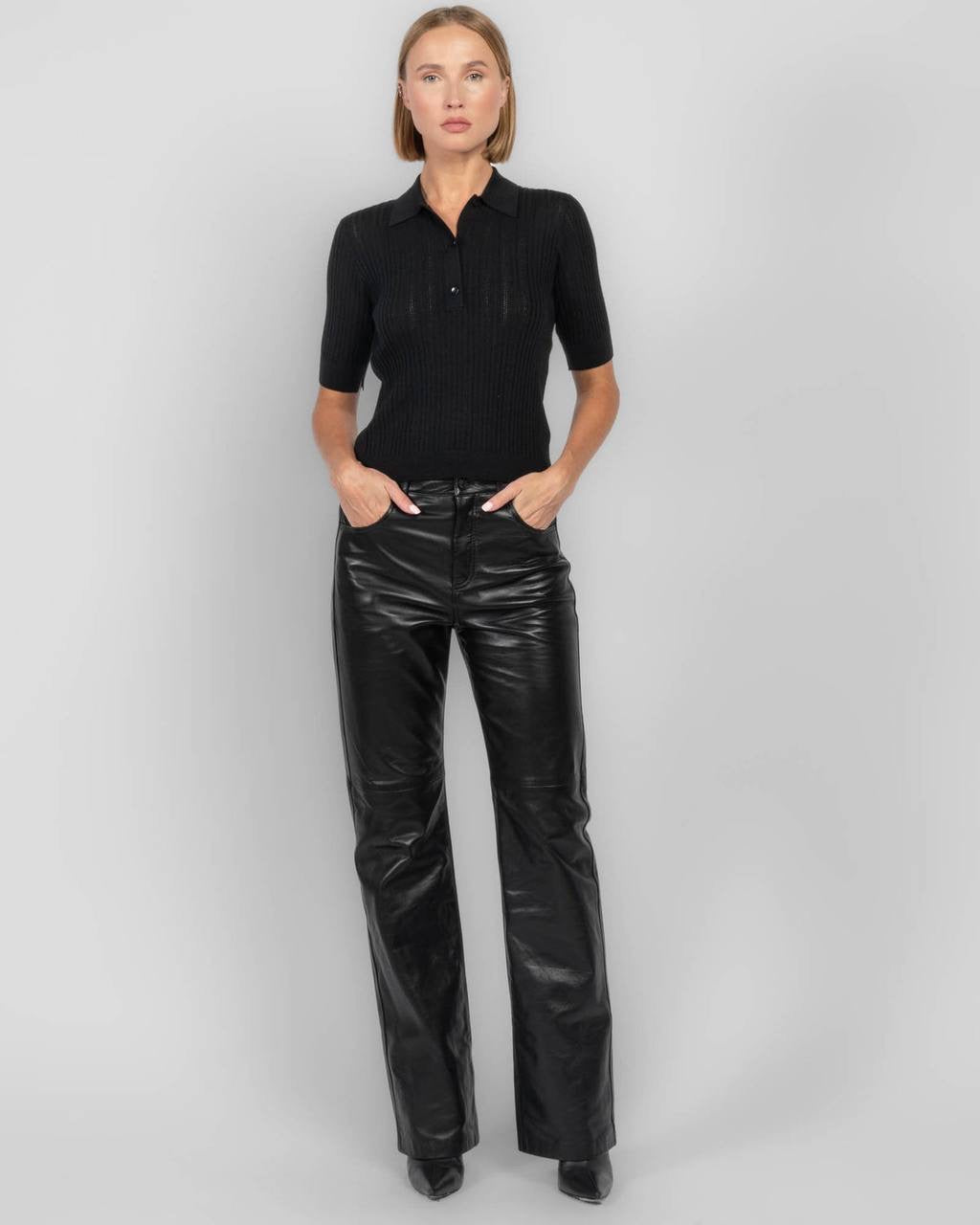 MM Pointelle Shrunken V-Neck Merino Wool Polo Shirt Top