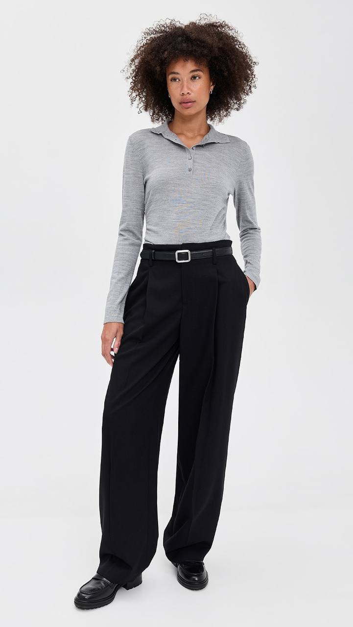 TH Shirred Henley Regal Wool Sweater Quarter Button Long Sleeve Top