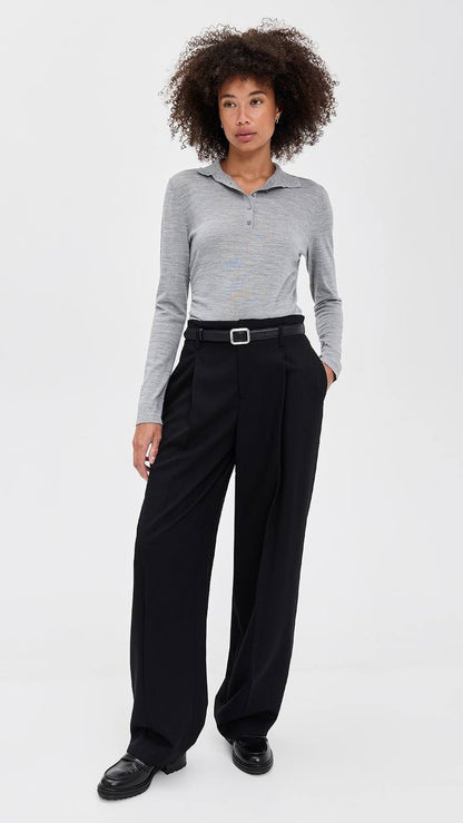 TH Shirred Henley Regal Wool Sweater Quarter Button Long Sleeve Top