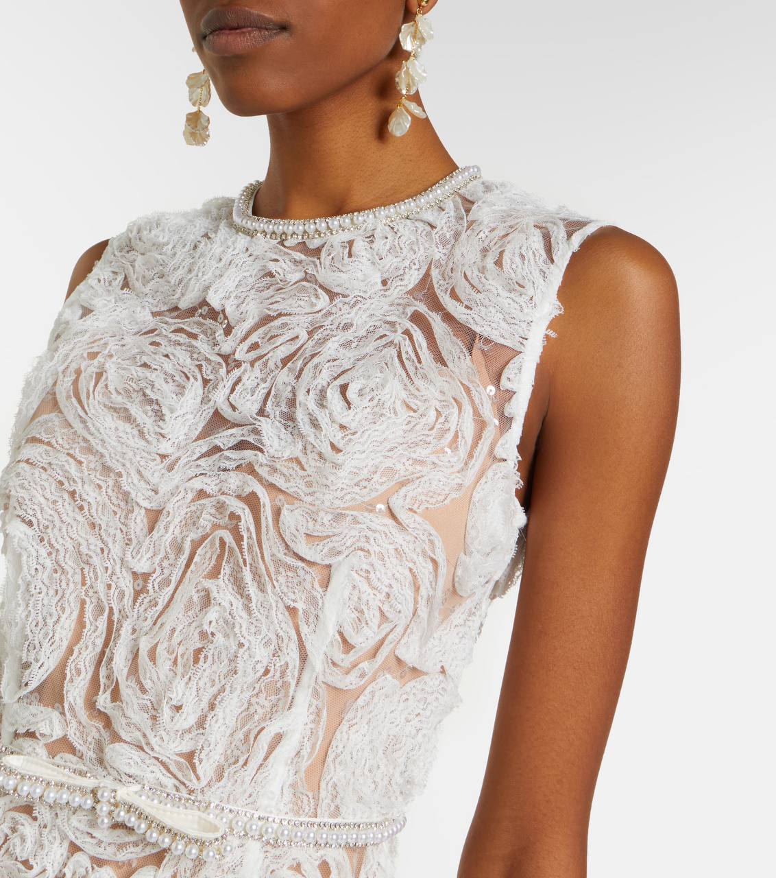 SP White Tulle Lace Belted Midi Dress