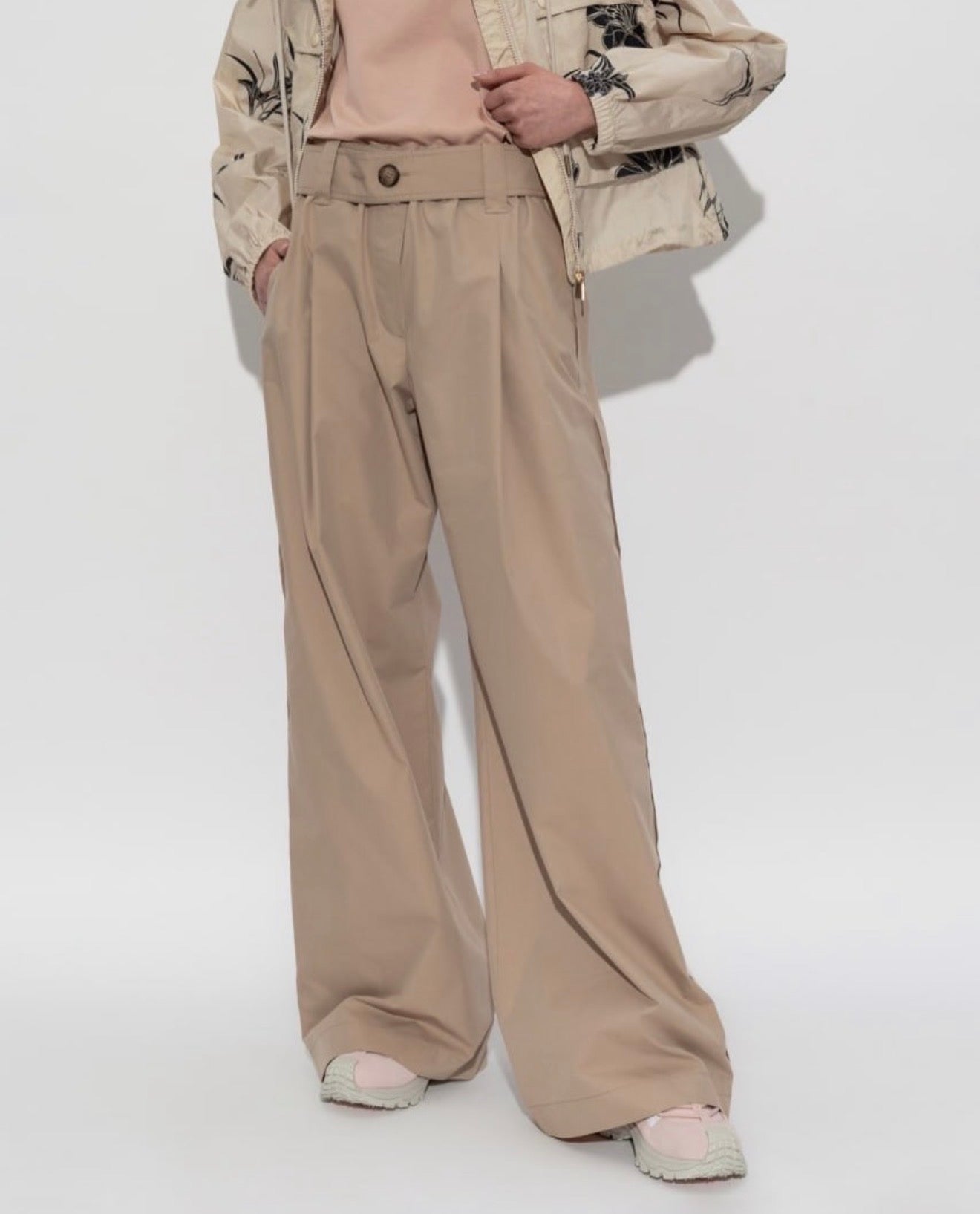 MC Wide Leg Cotton-Blend Belted Trousers Palazzo Pants