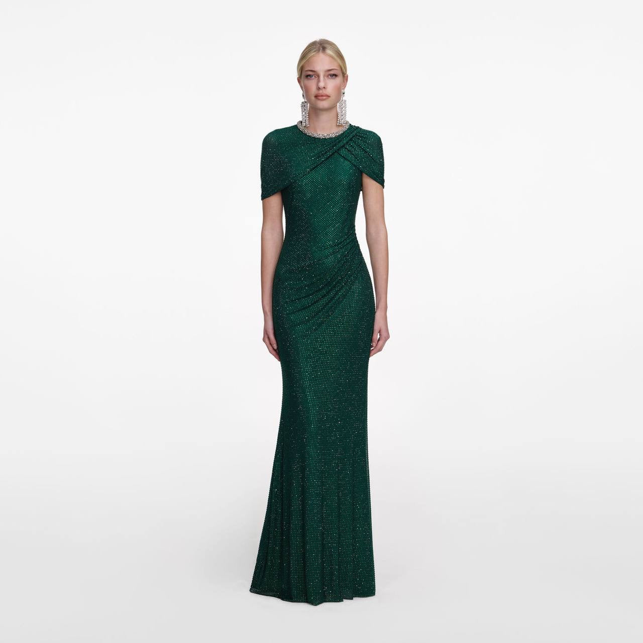 SP Green & Champagne Rhinestone-embellished Draped Sleeve Maxi Dress