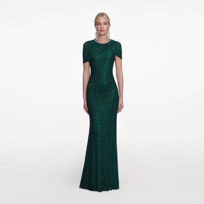 SP Green & Champagne Rhinestone-embellished Draped Sleeve Maxi Dress