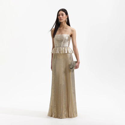 SP Gold Metallic Peplum Pleated Maxi Dress