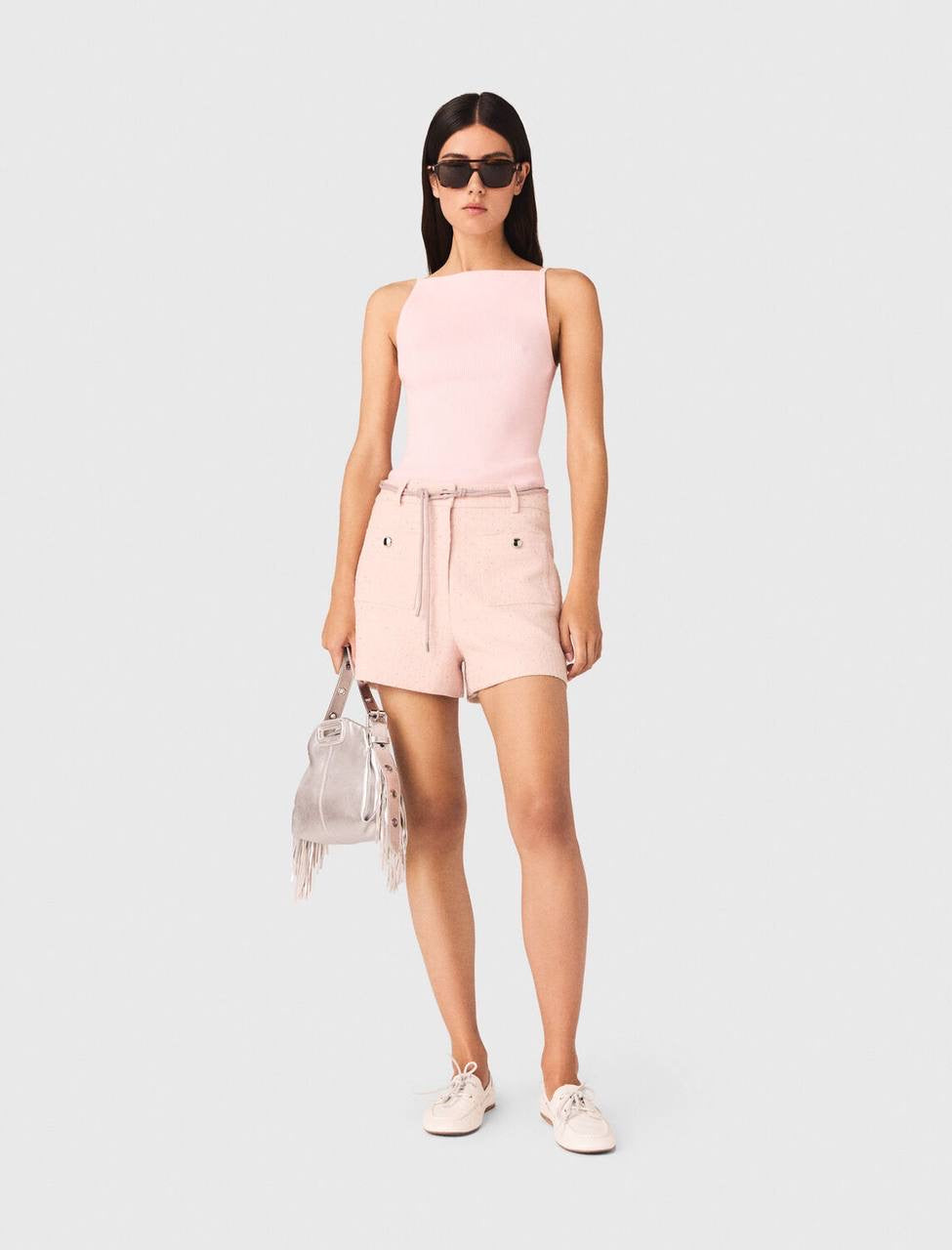 MJ Pink Tweed Cropped Short Sleeve Jacket Top | Shorts | Trouser Pant | Set