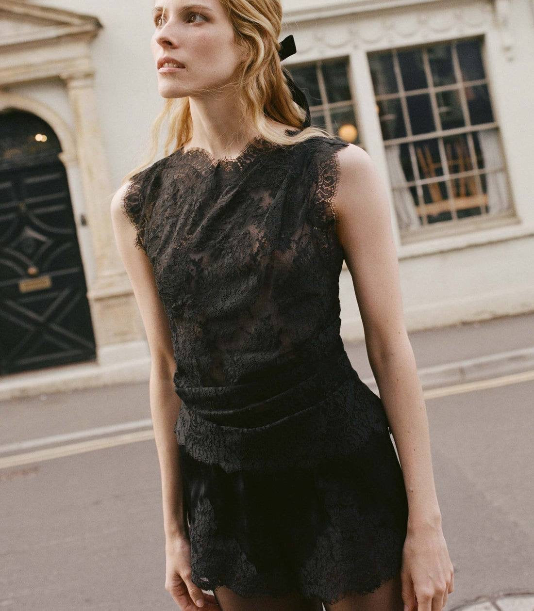 DN Nailah Sleeveless Sheer Cotton-Blend Lace Top in Black