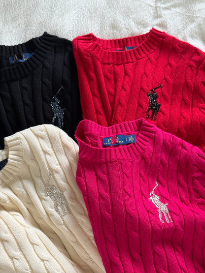 4 Colors! RL Beaded Big Pony Cable Short Sleeve Cotton Jumper Shirt