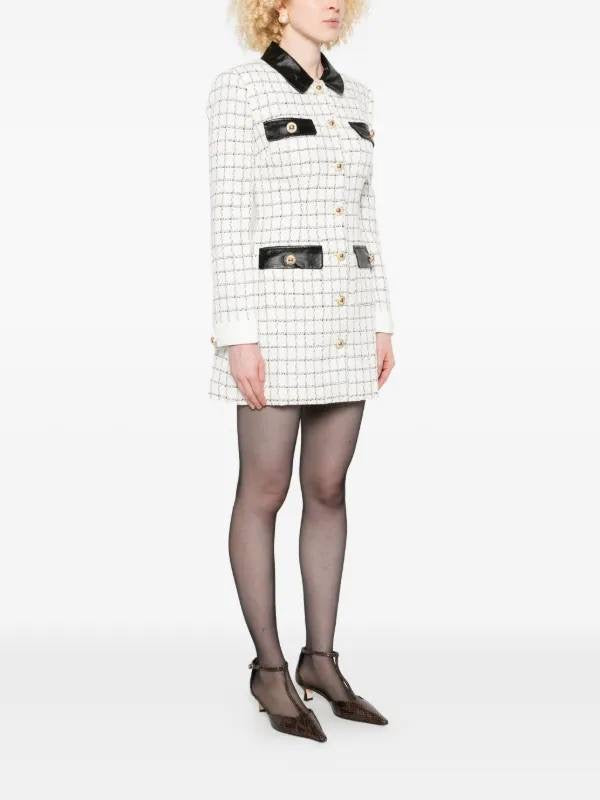 SP Check Boucle Leather Trim Long Sleeve Mini Dress