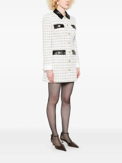 SP Check Boucle Leather Trim Long Sleeve Mini Dress