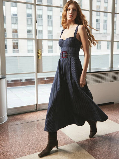 3 Colors! CC Calypso Bustier Belted Midi Dress in Floral Linen | Wool-blend Pinstripe | Plaid Check