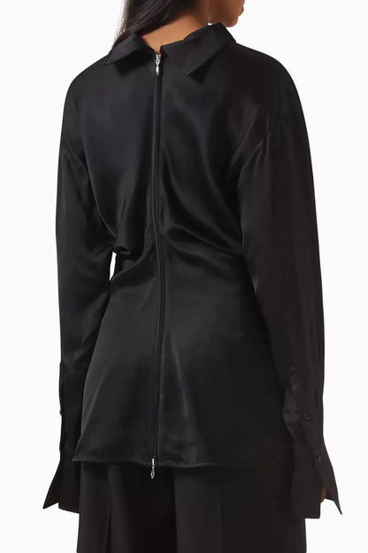 TOT Slouch Zip-Front Drape Satin Blouse Top