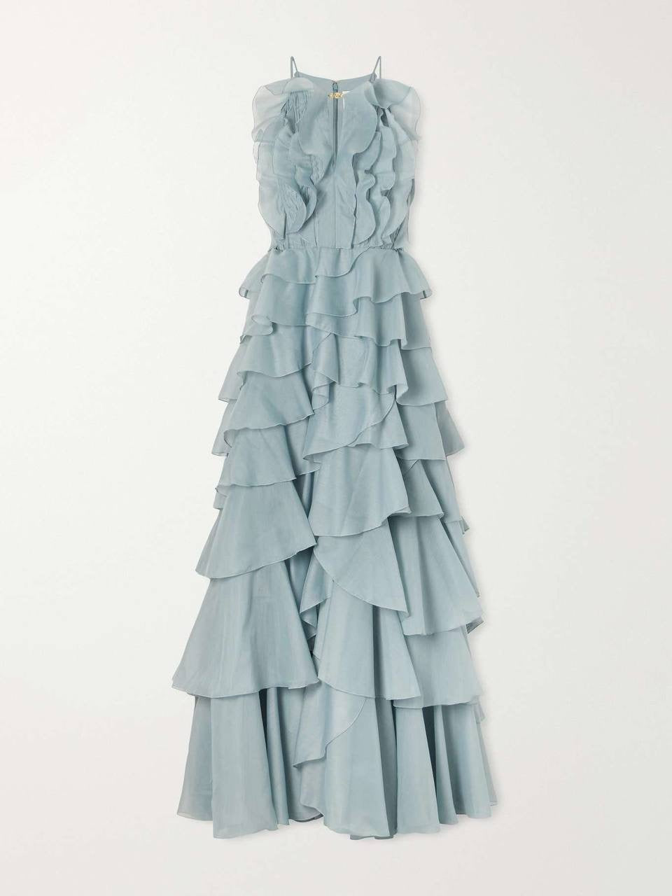 AJ Cleo Ruffle Tiered Organza Keyhole Gown Maxi Dress