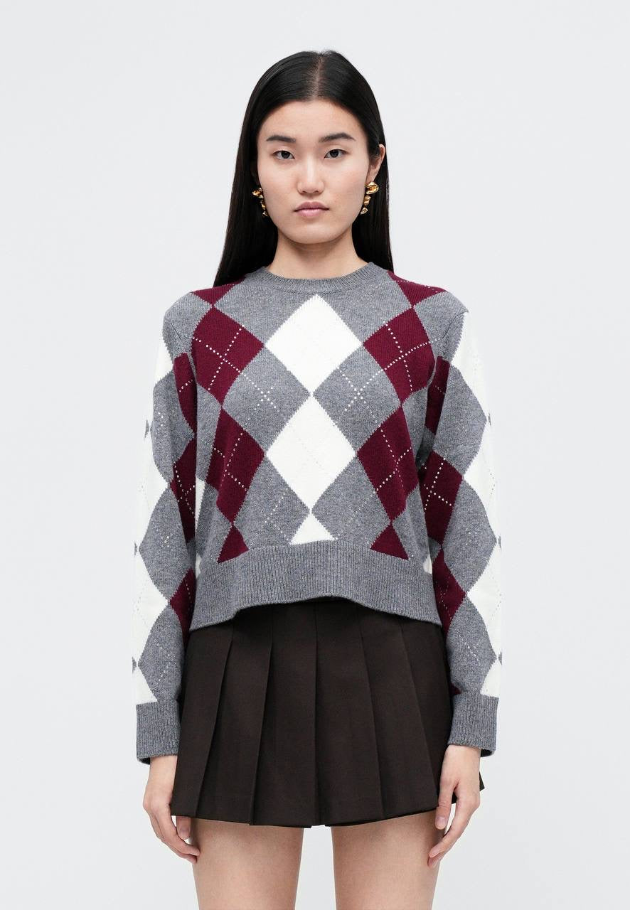 MJ Argyle Cropped Rhinestone Embellished Wool Jumper