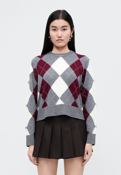 MJ Argyle Cropped Rhinestone Embellished Wool Jumper
