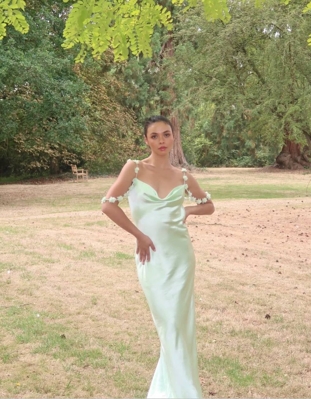 SP Mint Green Floral-Applique Cowl-neck Satin Gown Maxi Dress