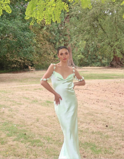 SP Mint Green Floral-Applique Cowl-neck Satin Gown Maxi Dress