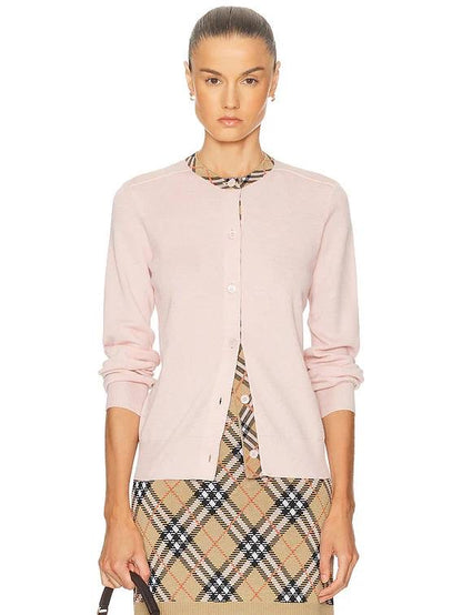 Check-trim Collar Wool Crewneck Cardigan