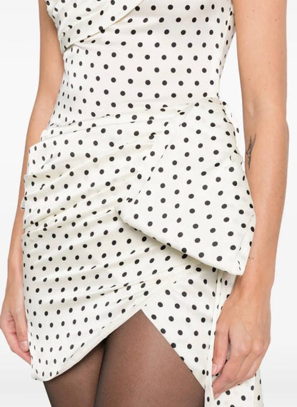 SP White Polka Dot Draped Satin One Shoulder Mini Dress