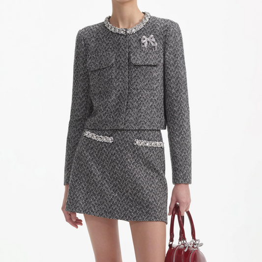 SP Black Herringbone Embellished Jacket | Mini Skirt | Set