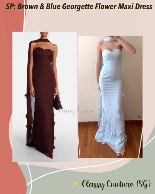 SP Blue & Brown Georgette Flower Strapless Maxi Dress with Scarf