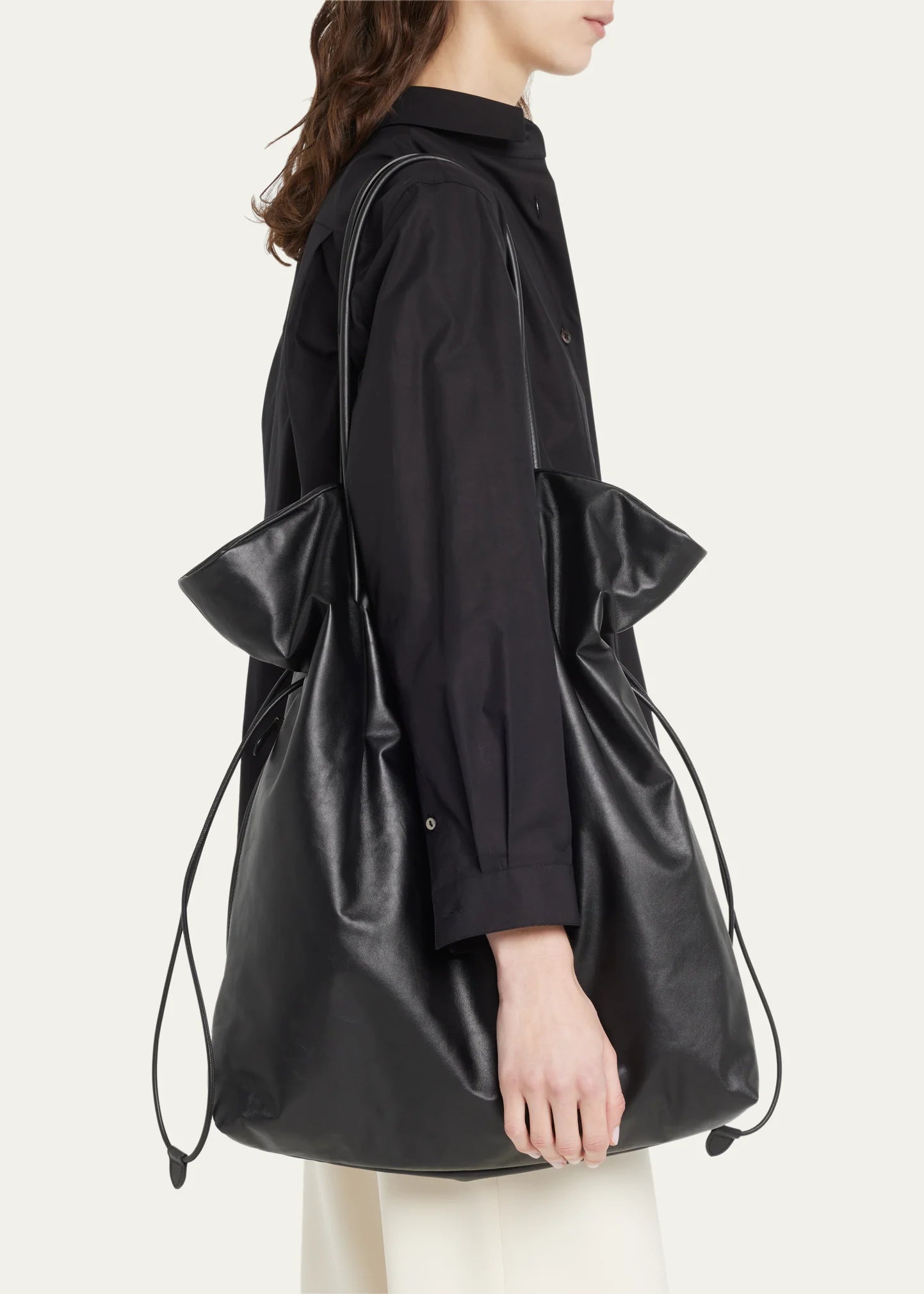 TR Polly Smooth Calfskin Leather Drawstring Tote Bag