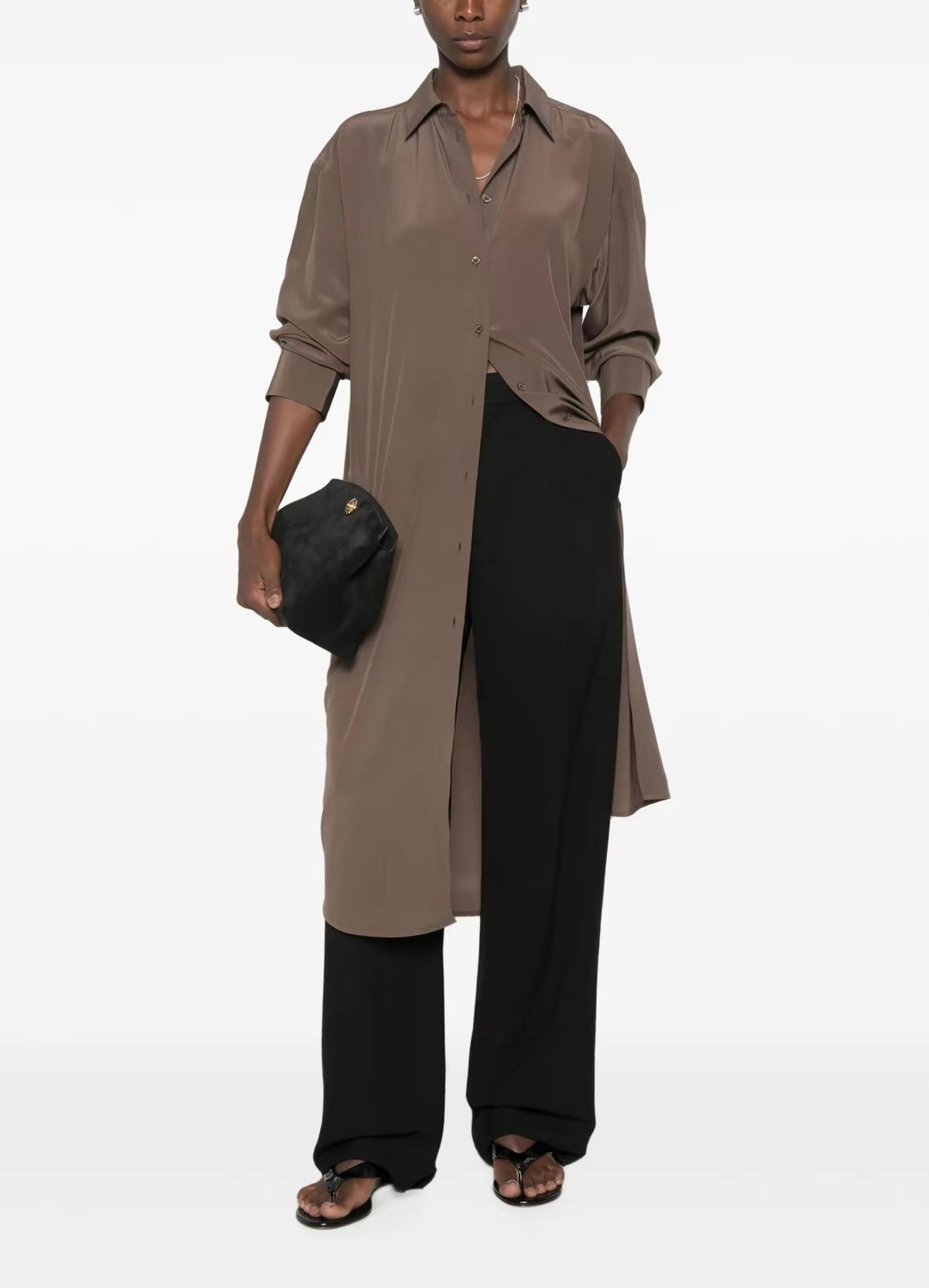 TOT Silk Shirtdress Midi Dress / Long Shirt in Black & Brown