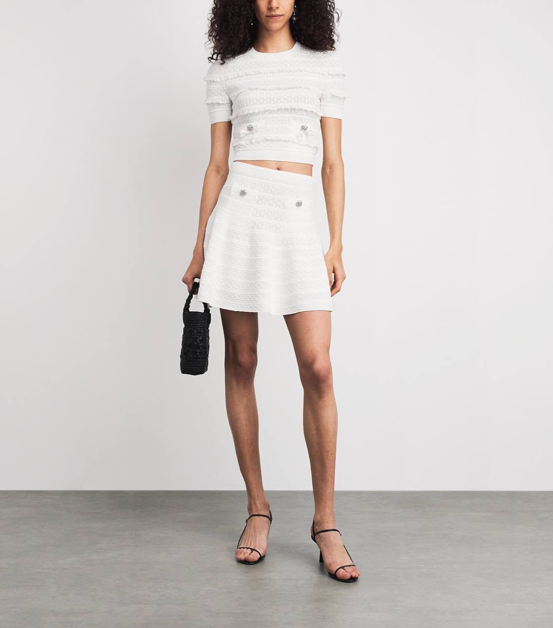 SP White Pointelle Short-Sleeve Sweater Top | Midi Skirt | Set