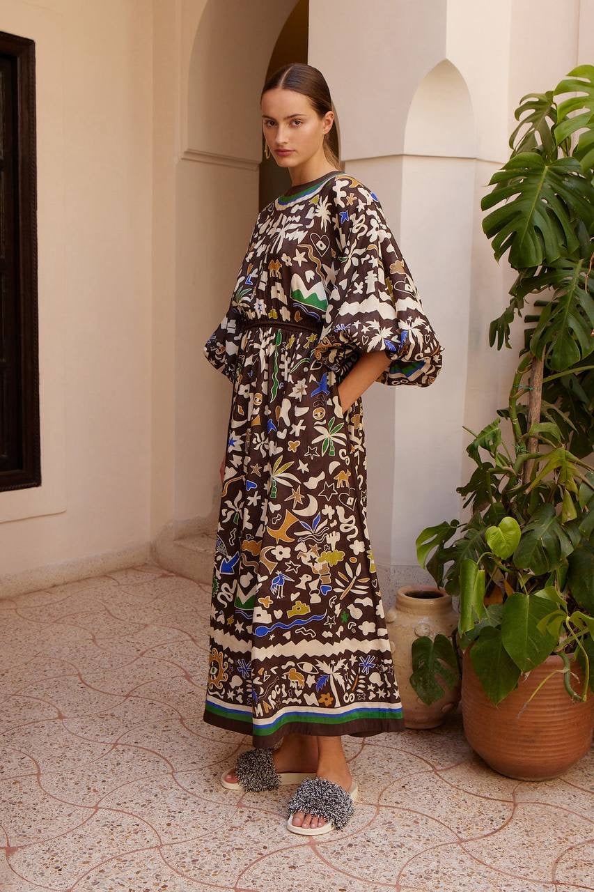ALM Maroc Ramie Blouson-Sleeve Midi Dress