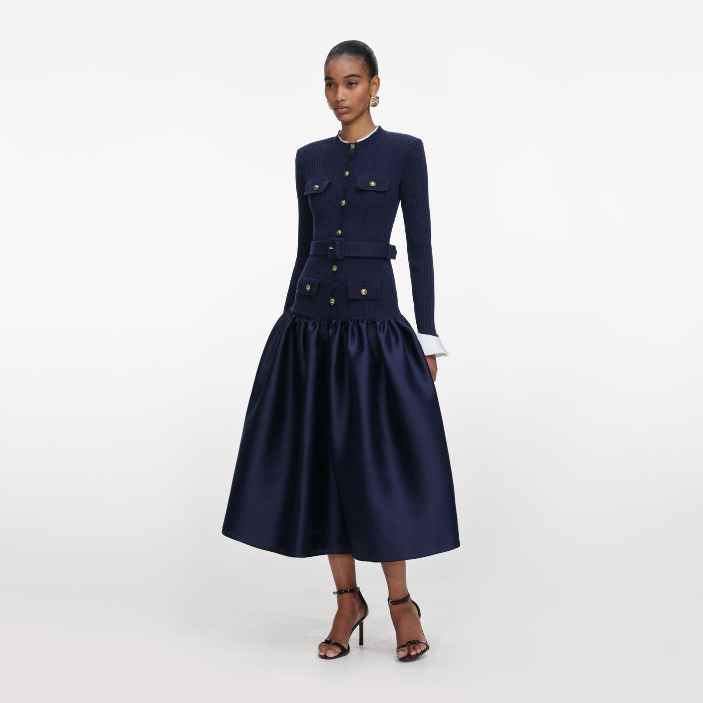 SP Navy Knit Belted Taffeta Midi Dress