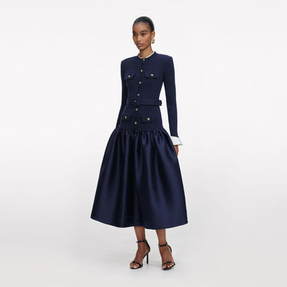 SP Navy Knit Belted Taffeta Midi Dress