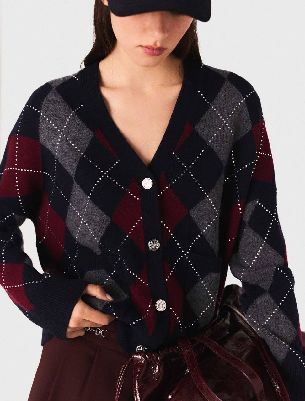 MJ Argyle Cropped Embellished Wool Cardigan