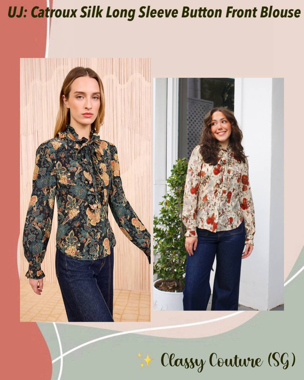 UJ Catroux Silk Long Sleeve Button Front Blouse Top